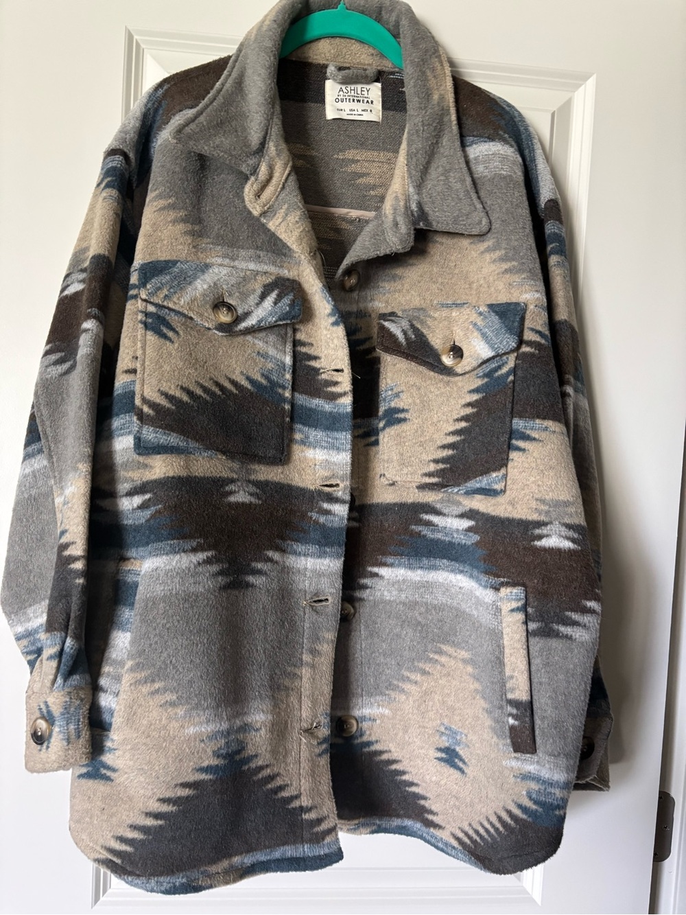 Fashion Nova Gray, Beige & Blue Patterned Utility Jacket